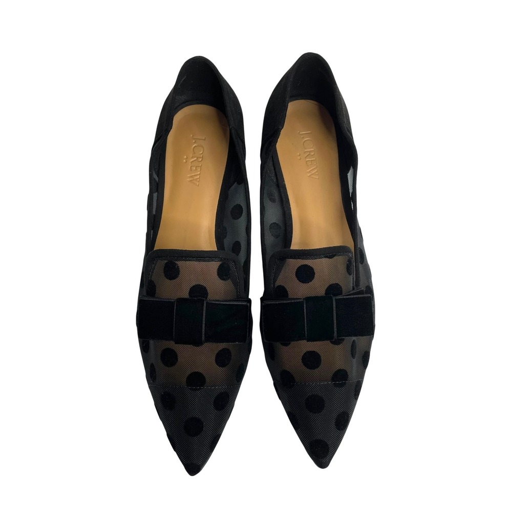 J. Crew Mesh Polka Dot Black Flats Loafers Size 8 velvet bow Pointed Coquette - Picture 3 of 8